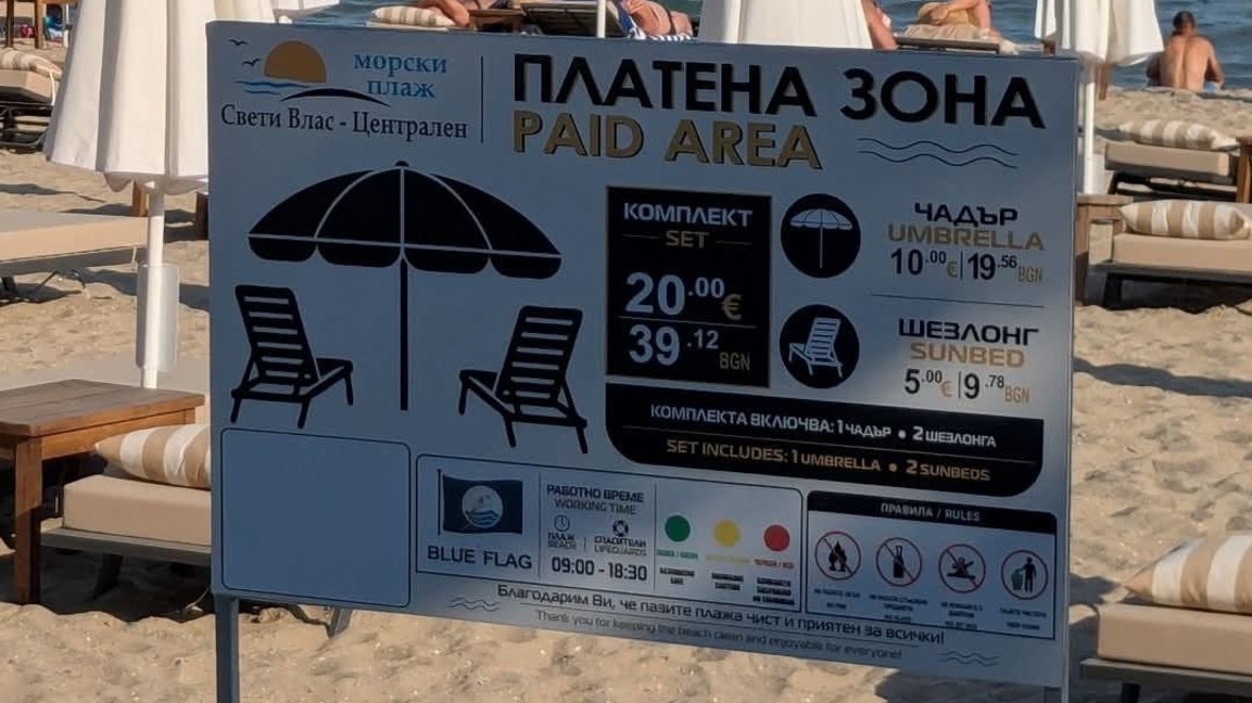 Табела с цени на плажа пред известно заведение в Свети Влас